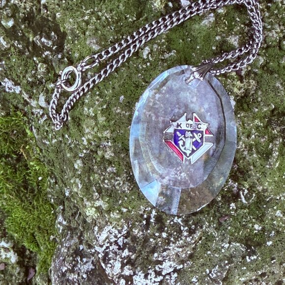 Knights Of Columbus Necklace City Of new York Silver Clear Etched Glass - Picture 2 of 3